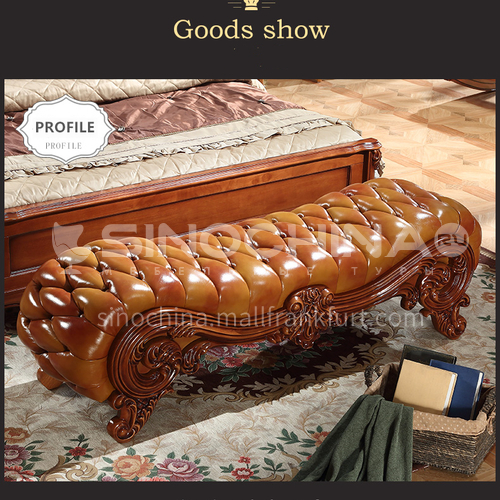 YRM-J- 104- European classical style, rubber wood carving, leather, solid wood frame, European classical bed end stool